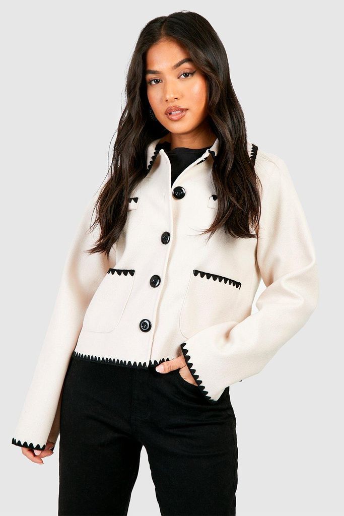 Womens Petite Contrast Stitch Pocket Detail Wool Look Jacket - White - 6, White