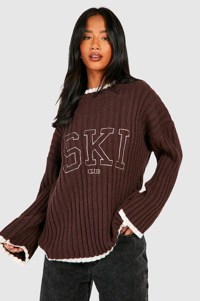 Womens Petite Embroidered Rib Knit Jumper - Brown - 6, Brown