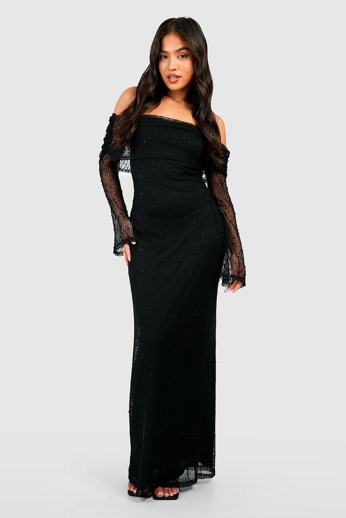 Womens Petite Textured Knit Bardot Drape Maxi Dress - Black - 6, Black