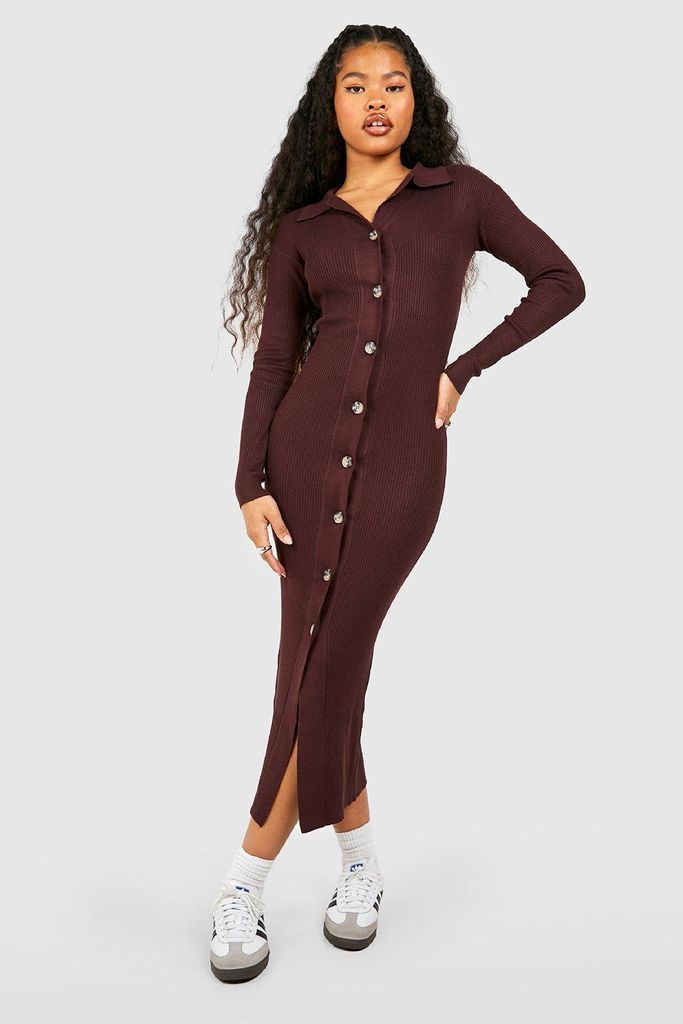 Womens Petite Button Detail Collared Dress - Brown - S, Brown