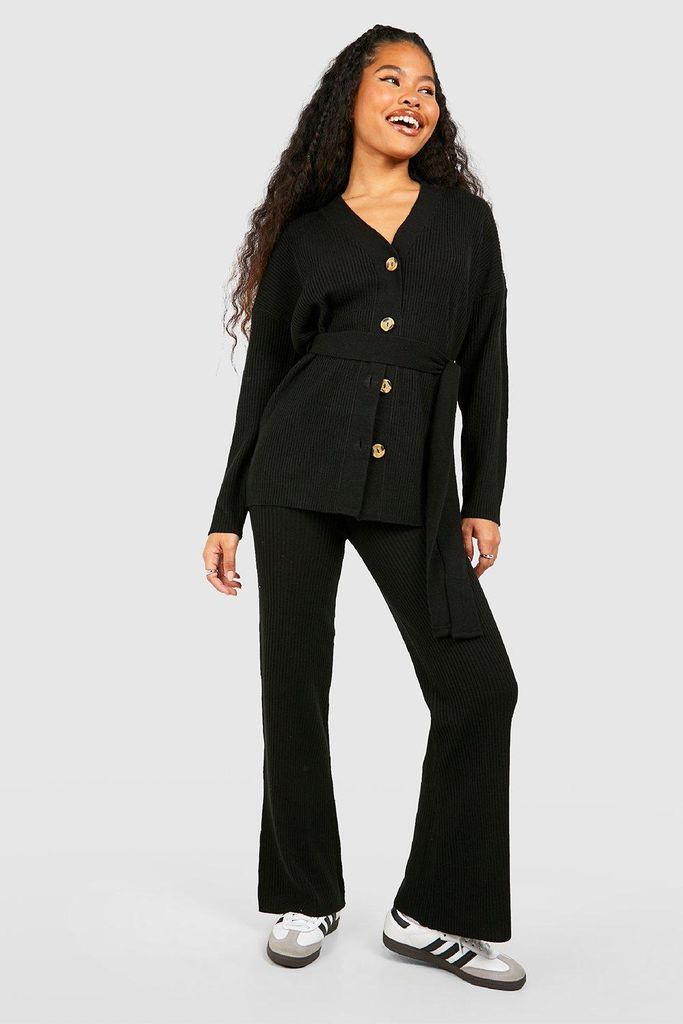 Womens Petite Slouchy Belted Cardigan And Wide Leg Knit Set - Black - S, Black