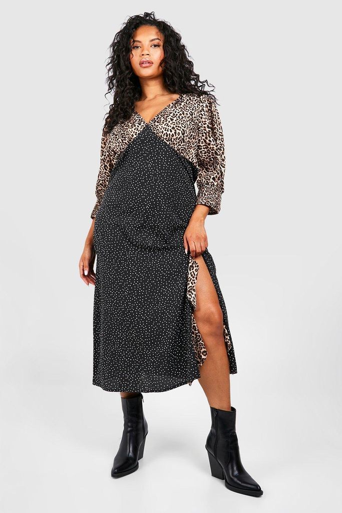 Womens Plus Contrast Animal Puff Sleeve Midi Dress - Multi - 16, Multi