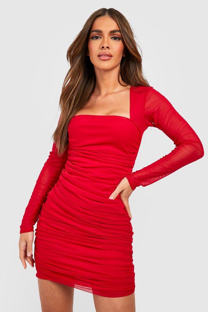 Womens Square Neck Ruched Mesh Bodycon Dress - Red - 12, Red