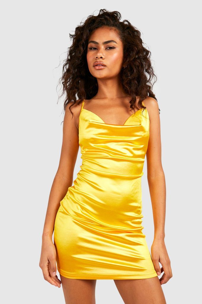 Womens Satin Cowl Front Bodycon Dress - Yellow - 10, Yellow