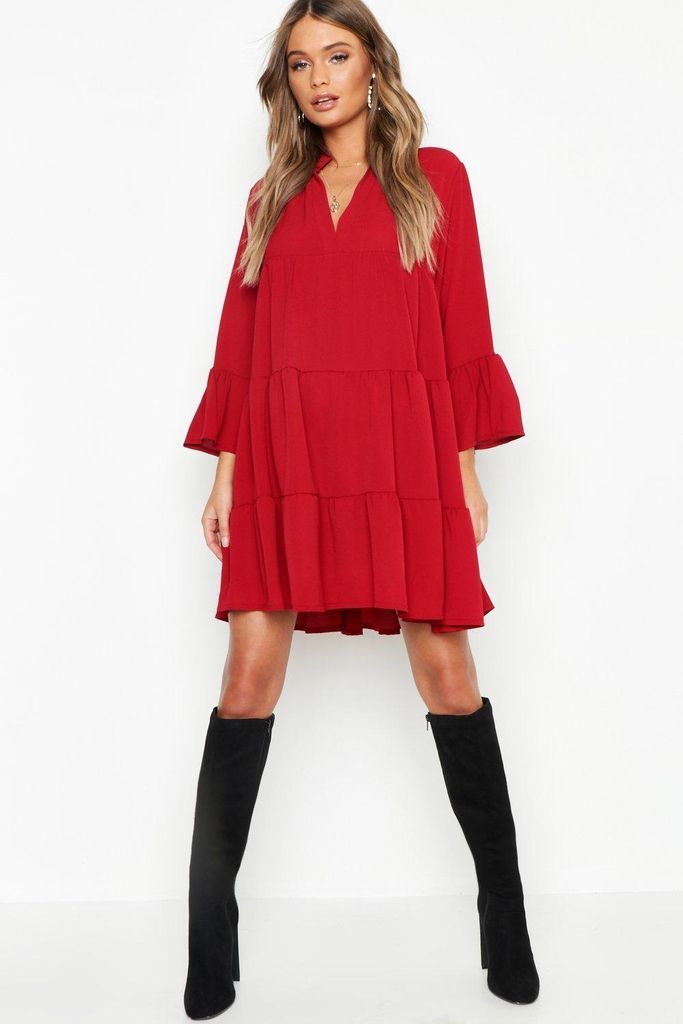 Womens Woven Tiered Smock Dress - 10, Red