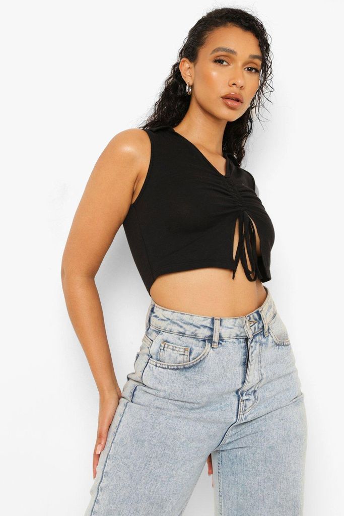 Womens Short Sleeve Ruched Front Crop Top - Black - 8, Black