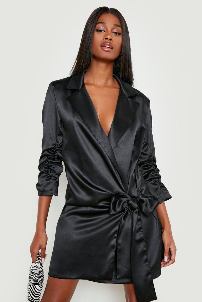Womens Satin Drape Side Blazer Dress - Black - 8, Black
