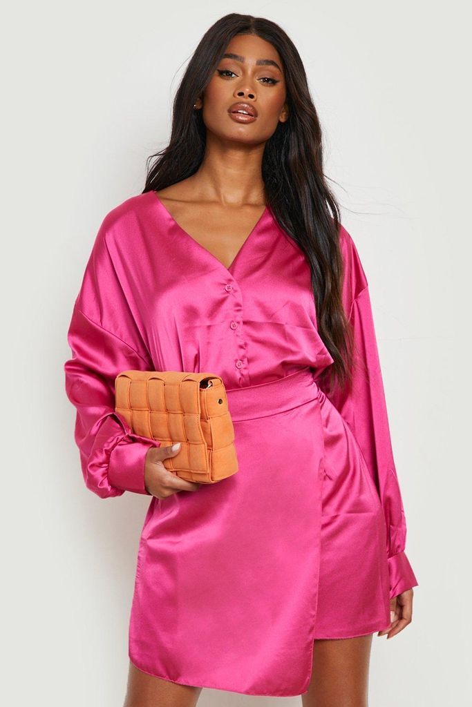 Womens Satin Volume Sleeve Shirt & Wrap Mini Skirt - Pink - 8, Pink