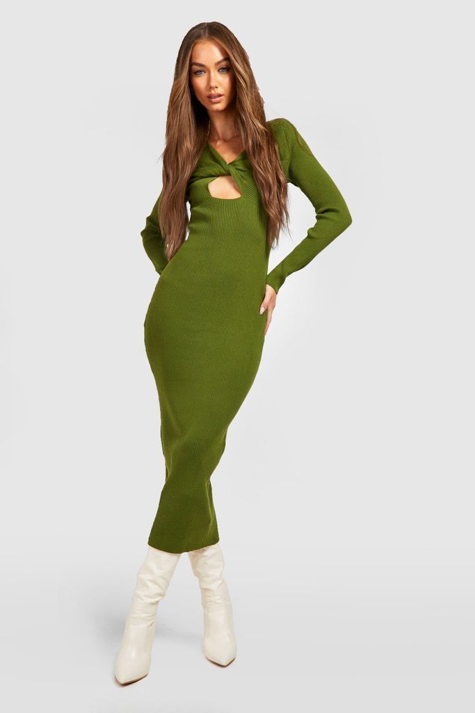 Womens Premium Rib Knit Twist Front Midi Dress - Green - 12, Green