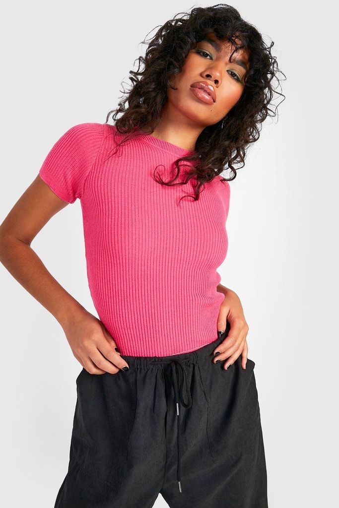 Womens Rib Knit Crew Neck Short Sleeve Knitted Top - Pink - M, Pink