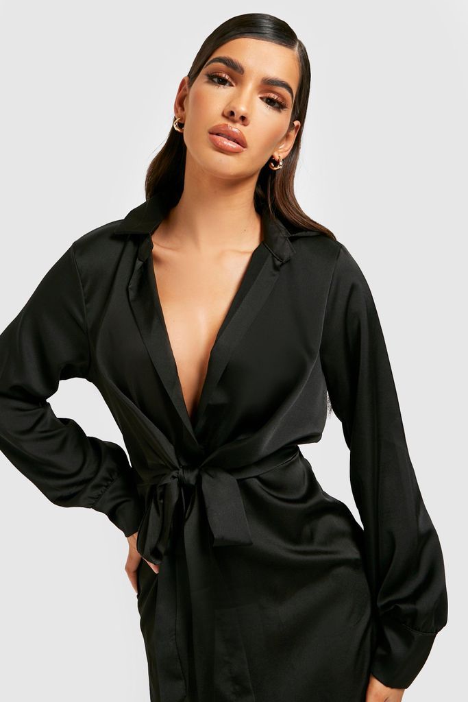 Womens Satin Knot Front Midi Shirt Dress - Black - 8, Black