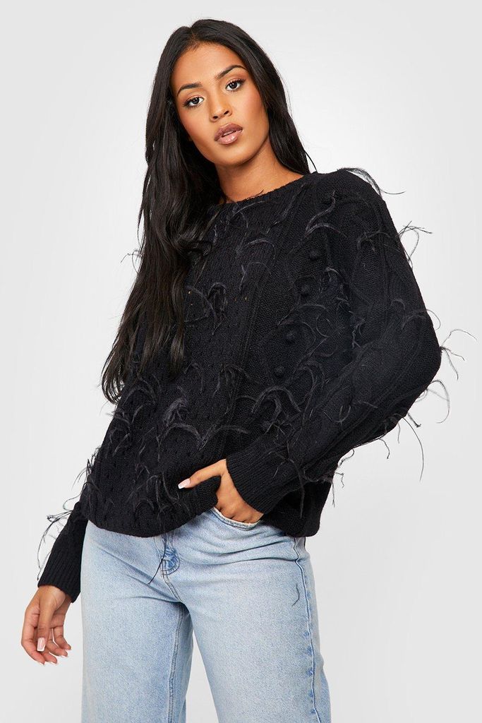 Womens Tall Feather Trim Knitted Jumper - Black - S, Black