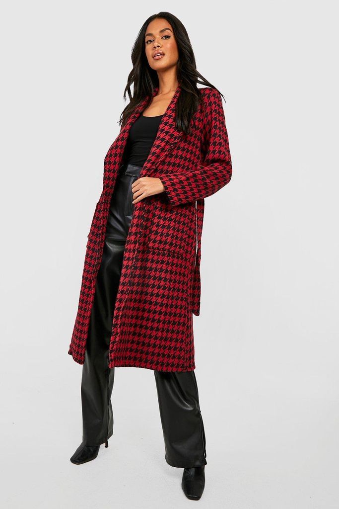 Womens Wool Look Dogtooth Coat - Red - 8, Red