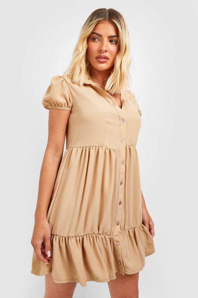 Womens Short Sleeve Smock Shirt Dress - Beige - 8, Beige