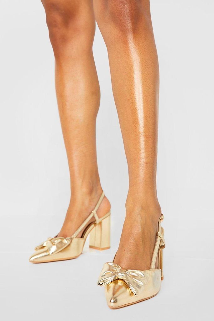 Womens Wide Fit Metallic Bow Detail Court Shoe - Gold - 4, Gold