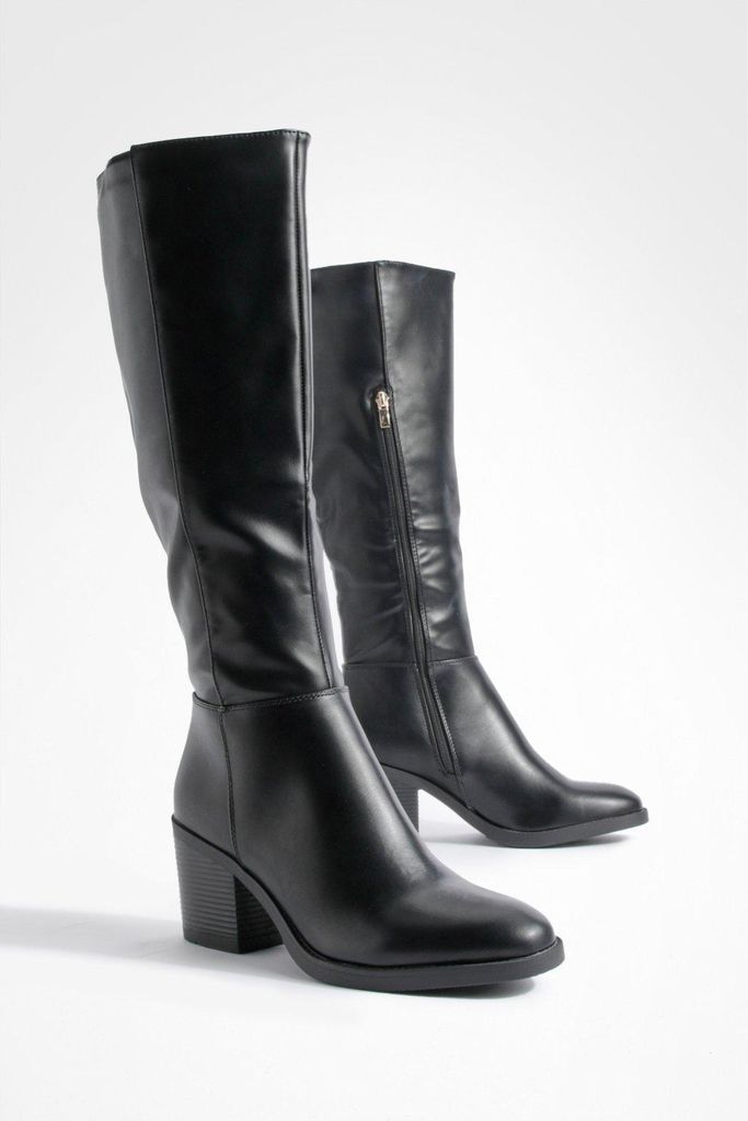 Womens Wide Fit Block Heel Knee High Boots - Black - 4, Black
