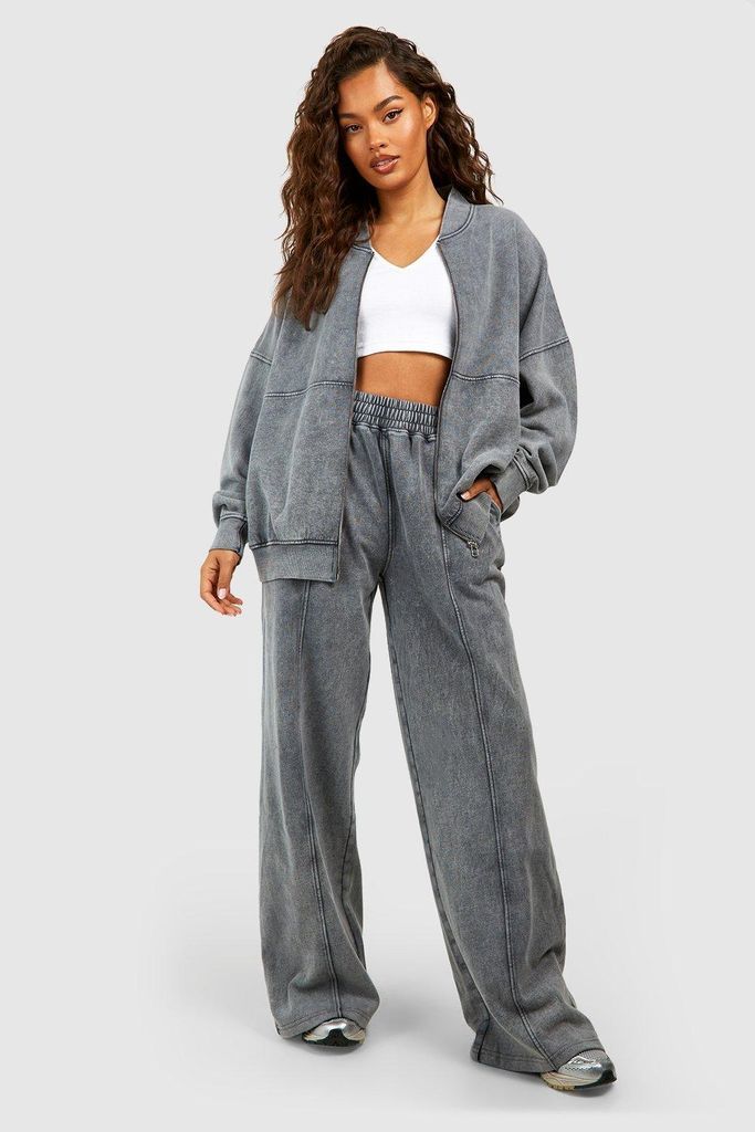 Womens Washed Zip Through Bomber Straight Leg Tracksuit - Grey - S, Grey