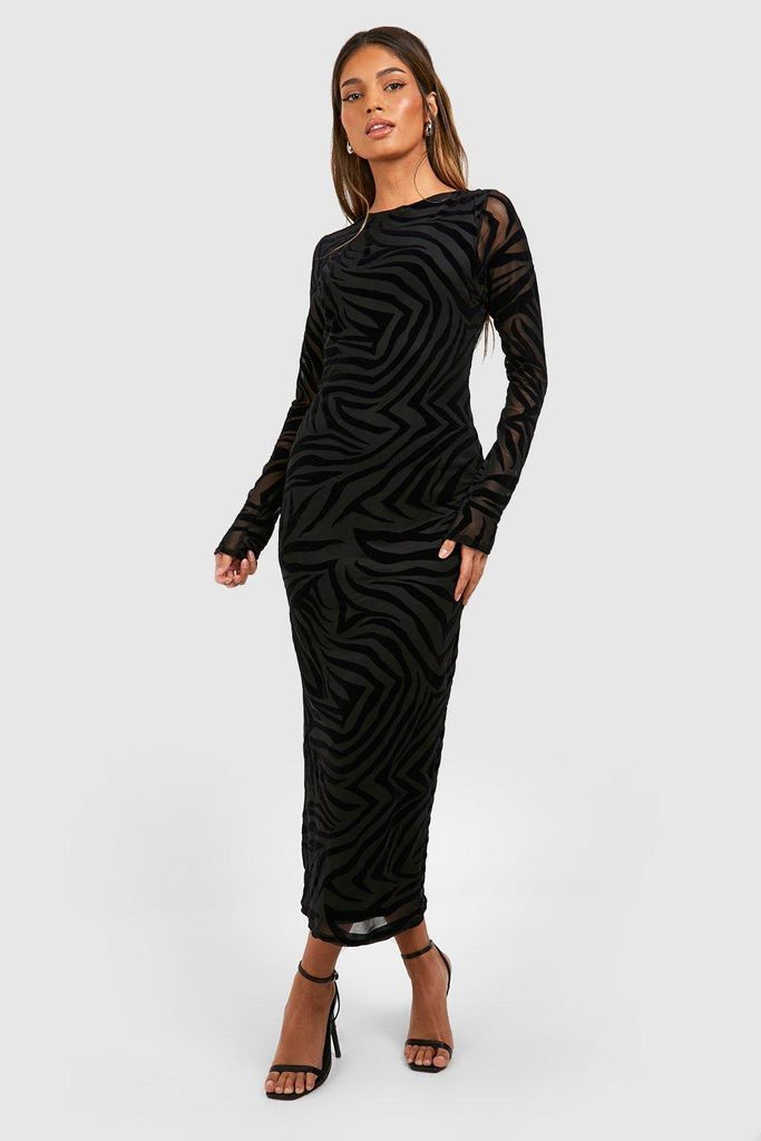 Womens Zebra Devore Midaxi Dress - Black - 8, Black