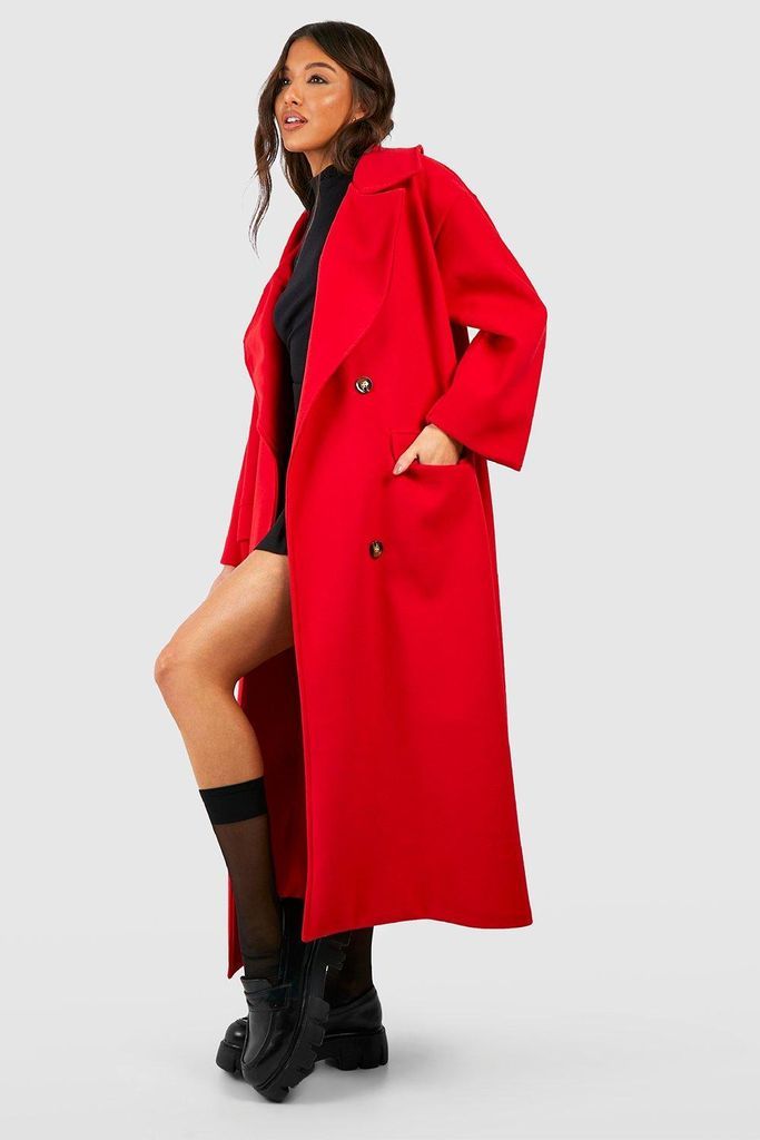 Womens Super Oversized Maxi Double Breasted Wool Look Coat - Red - 8, Red
