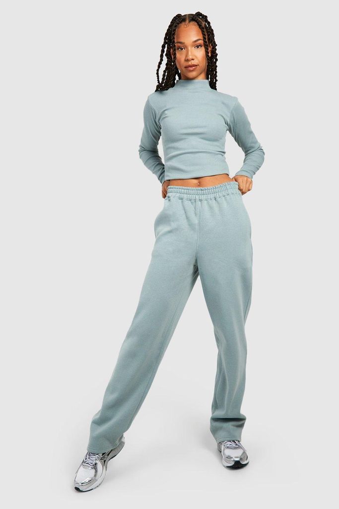 Womens Tall Ribbed Funnel Neck Top And Jogger Set - Green - 10, Green