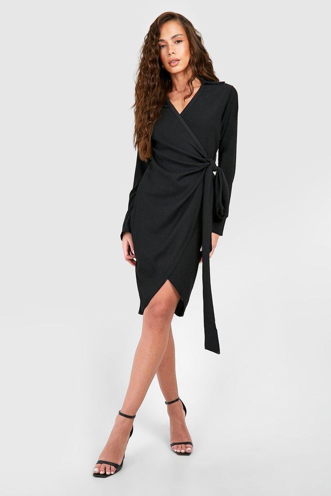 Womens Textured Tie Waist Wrap Midi Dress - Black - 8, Black