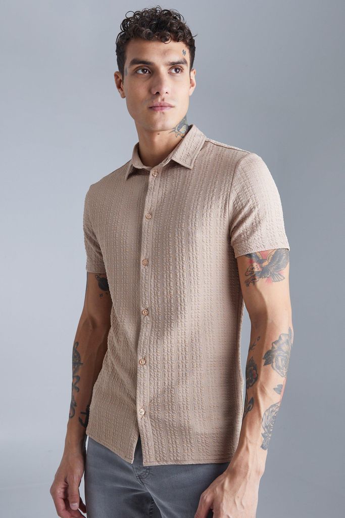 Men's Short Sleeve Textured Compression Shirt - Beige - S, Beige