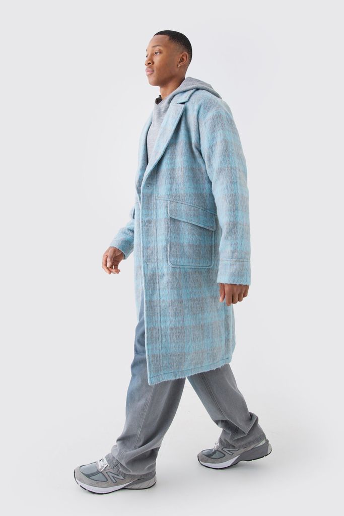 Men's Single Breasted Brushed Check Overcoat - Blue - S, Blue