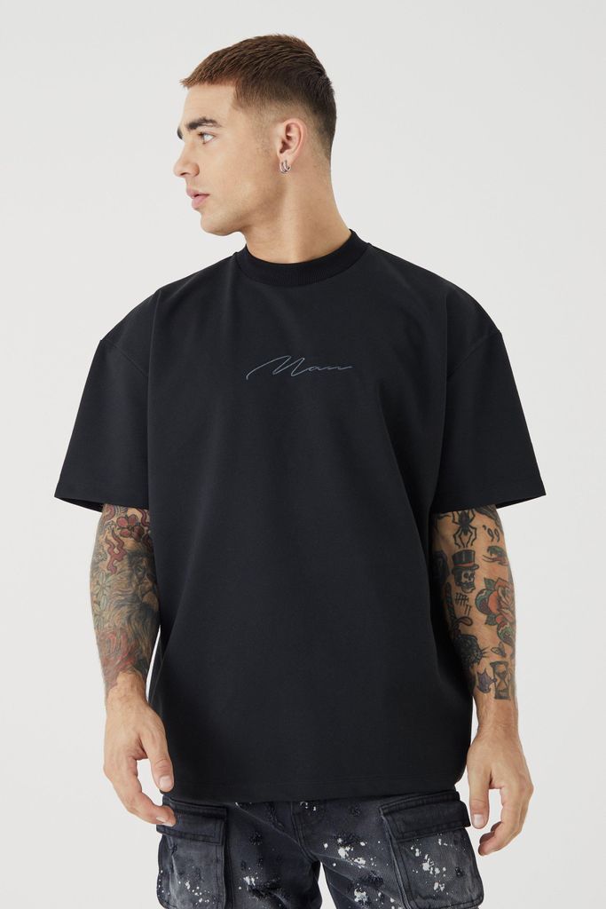 Men's Oversized Premium Super Heavyweight Embroidered T-Shirt - Black - S, Black