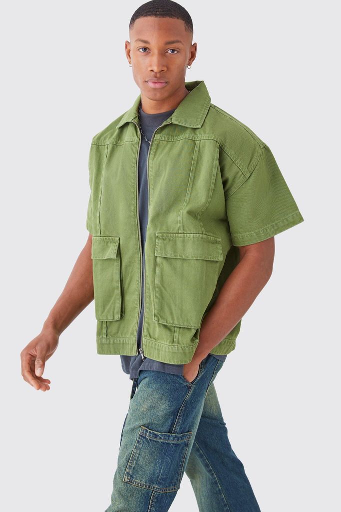 Men's Short Sleeve Twill 3D Pocket Shirt - Green - S, Green