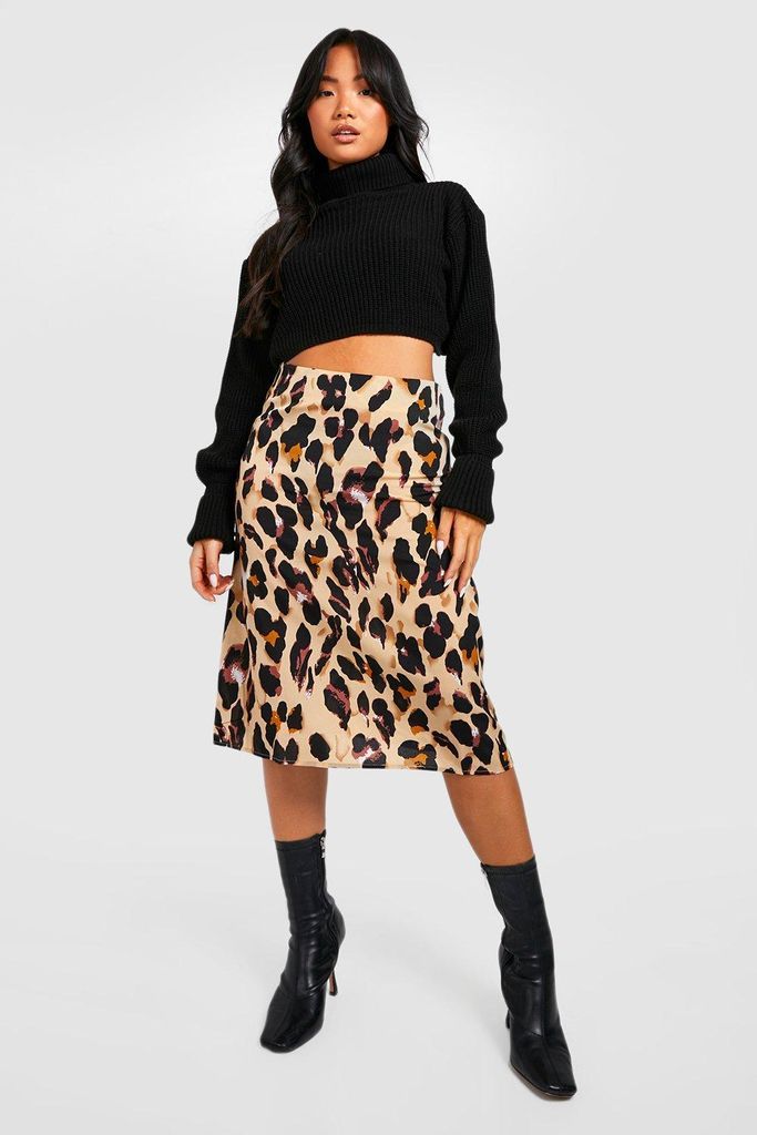 Womens Petite Leopard Print Bias Cut Midi Skirt - Multi - 16, Multi