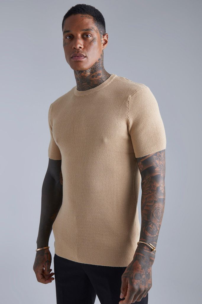 Men's Textured Crew Neck Knitted T-Shirt - Beige - M, Beige