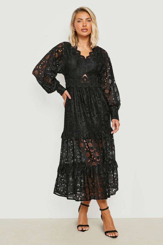 Womens Boutique Crochet Lace Tiered Midaxi Dress - Black - 12, Black
