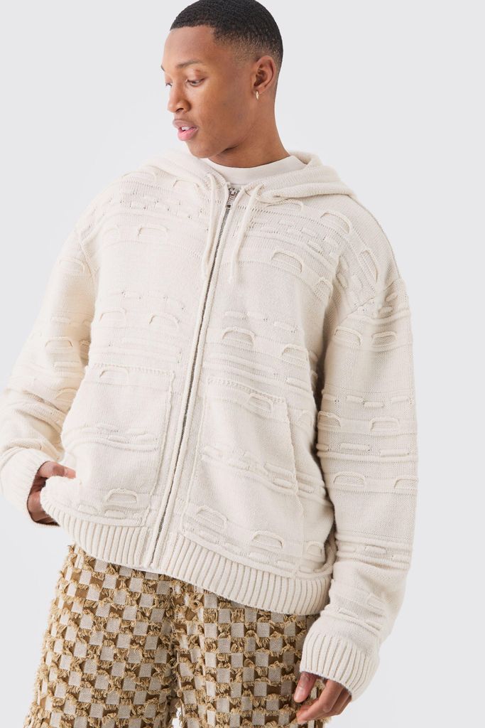 Men's Oversized 3D Jacqaurd Knitted Zip Through Hoodie - Cream - S, Cream