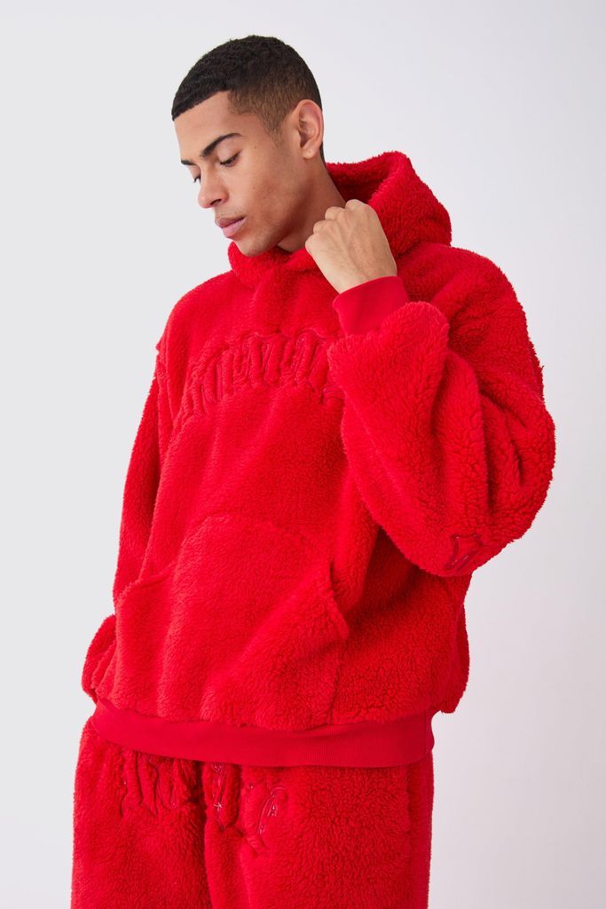 Men's Oversized Borg Applique Hoodie - Red - S, Red