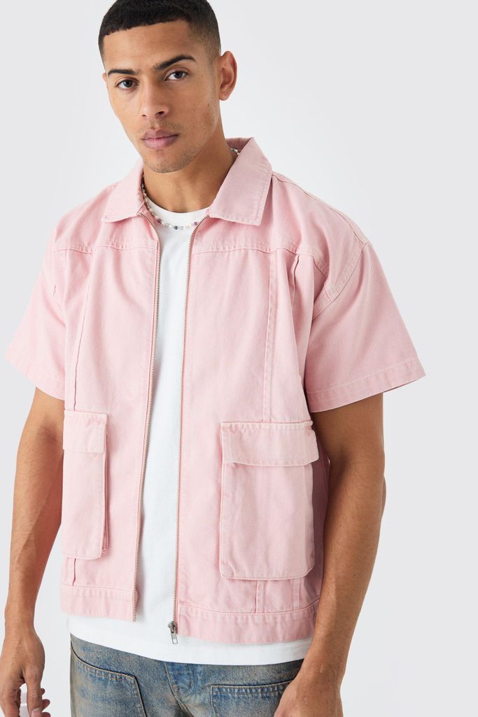 Men's Short Sleeve Twill 3D Pocket Shirt - Pink - S, Pink