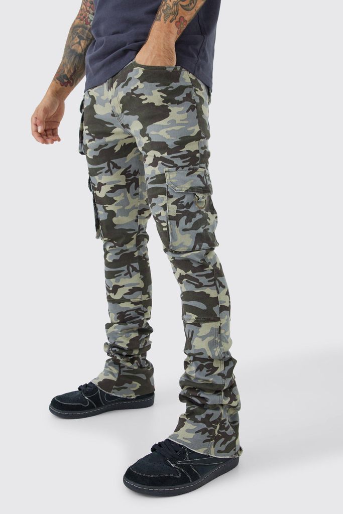 Men's Skinny Stacked Flare Gusset Camo Cargo Trouser - Grey - 28, Grey