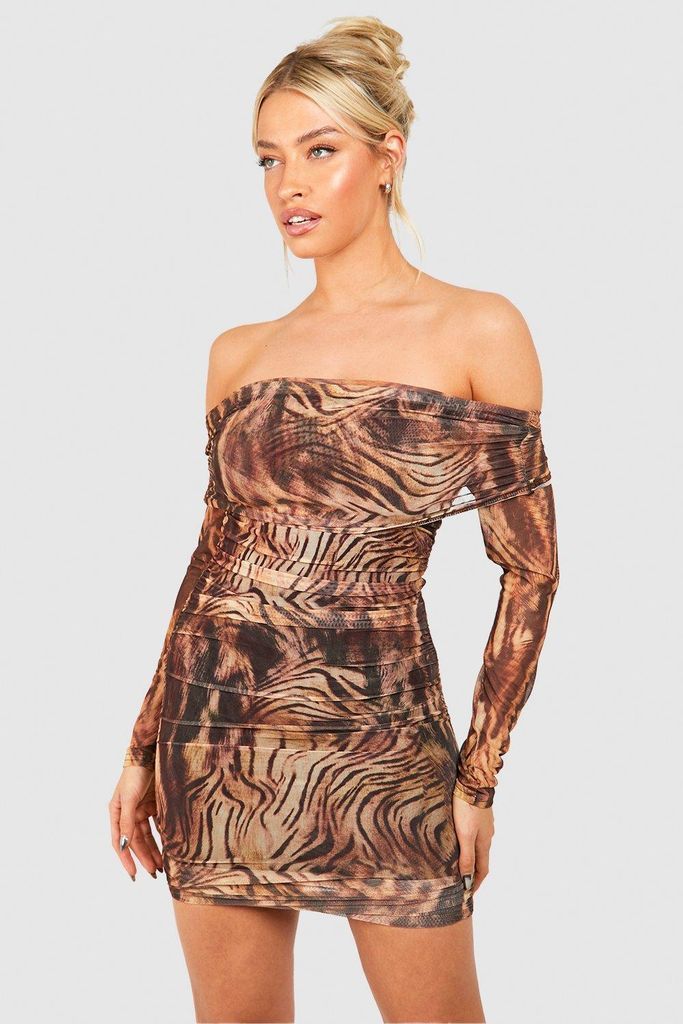 Womens Bardot Ruched Leopard Print Mesh Mini Dress - Brown - 8, Brown