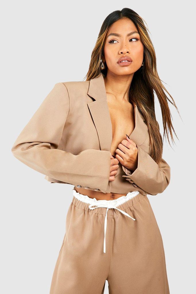 Womens Double Breasted Boxy Crop Blazer - Brown - 6, Brown