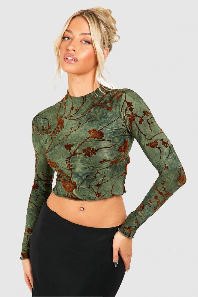 Womens Long Sleeve Abstract Patterned Top - Green - S, Green