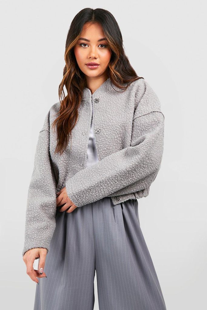 Womens Oversized Crop Wool Look Bomber Jacket - Grey - 8, Grey