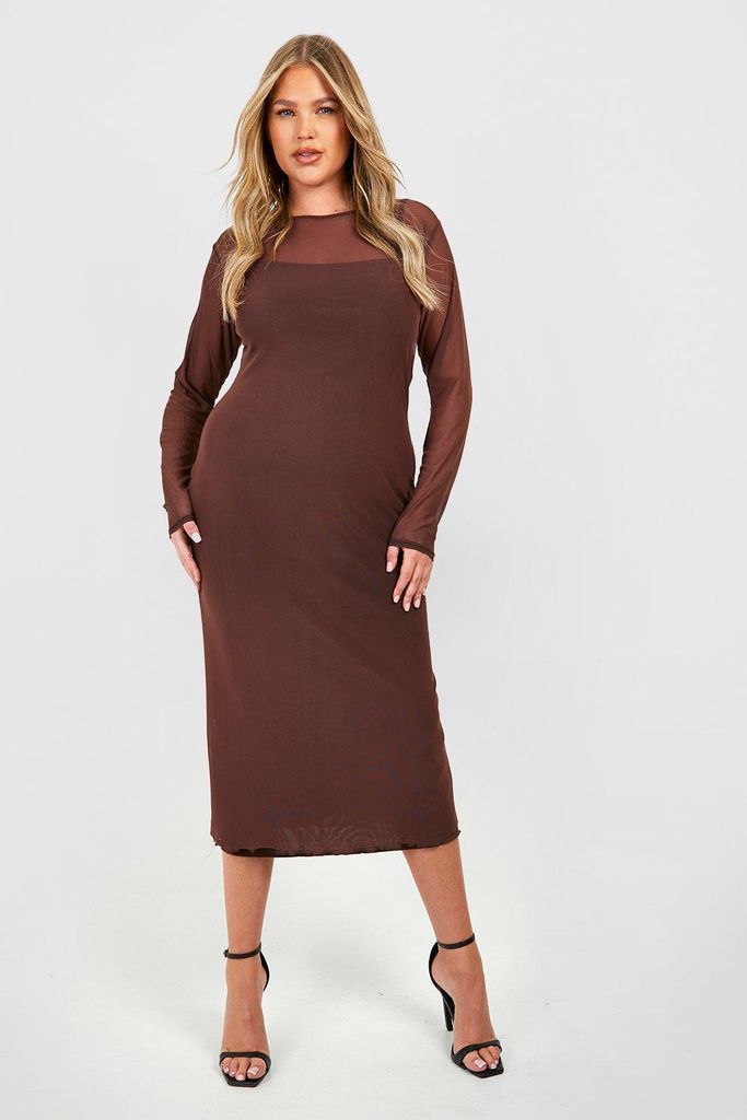 Womens Plus Sheer Mesh Contrast Midaxi Dress - Brown - 16, Brown