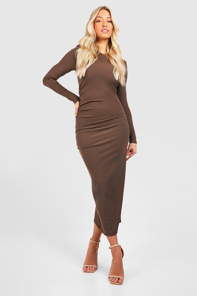 Womens Premium Rib Draped Long Sleeve Dress - Brown - S, Brown