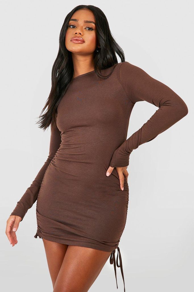 Womens Premium Super Soft Ruched Mini Dress - Brown - 8, Brown