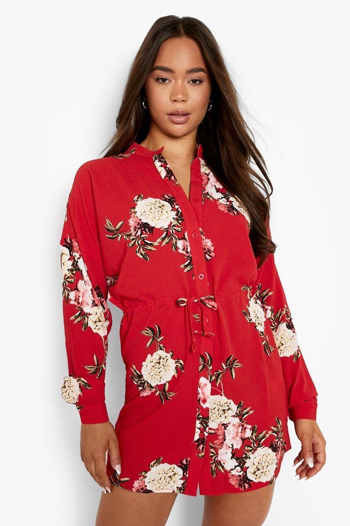 Womens Floral Shirt Dress - Red - 10, Red