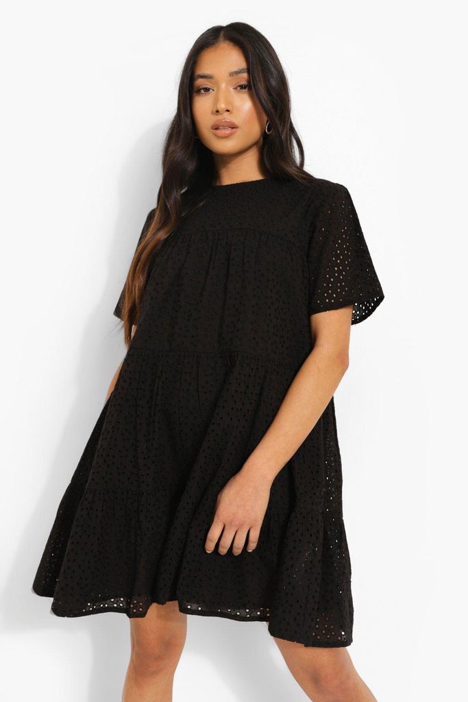 Womens Petite Broderie Short Sleeve Smock Dress - Black - 8, Black