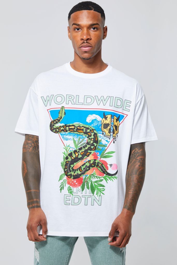 Men's Oversized Worldwide Tropics Graphic T-Shirt - White - M, White