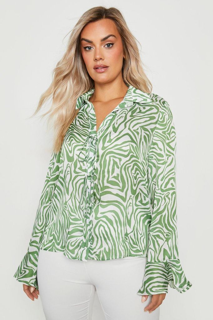 Womens Plus Zebra Print Chiffon Tie Blouse - Green - 28, Green