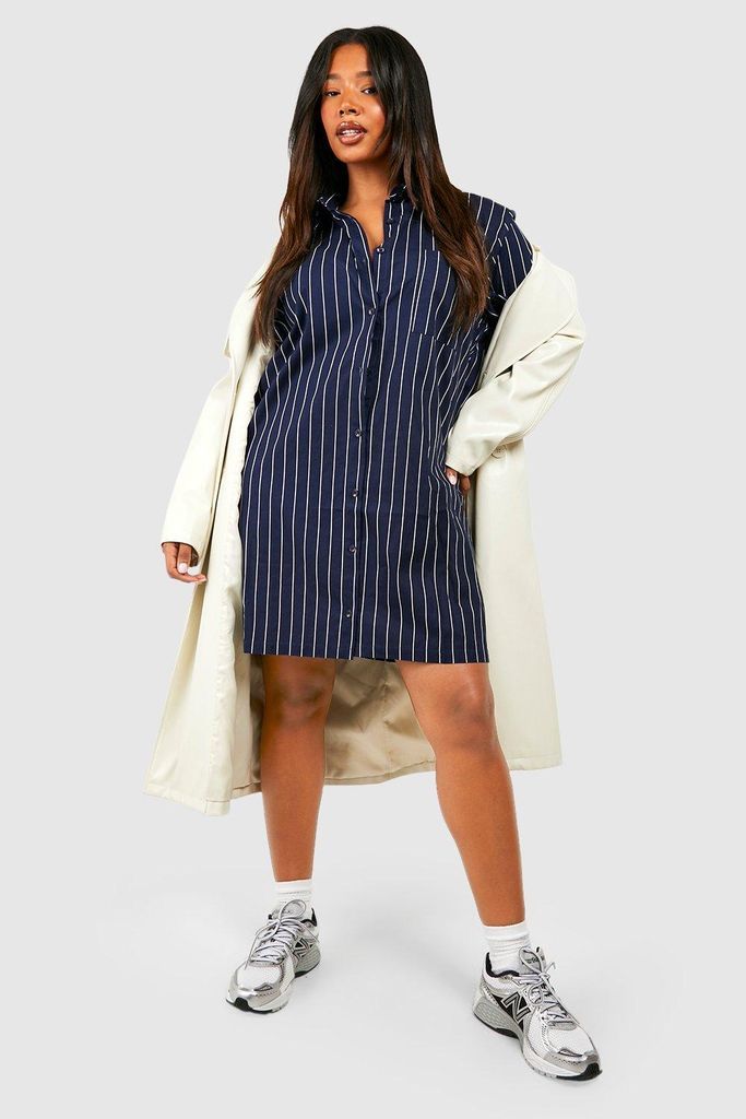 Womens Plus Oversized Striped Shirt Dress - Navy - 16, Navy