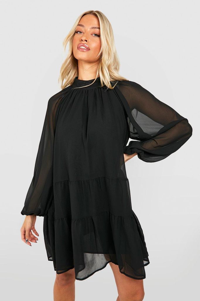 Womens Chiffon Blouson Sleeve Mini Smock Dress - Black - 8, Black
