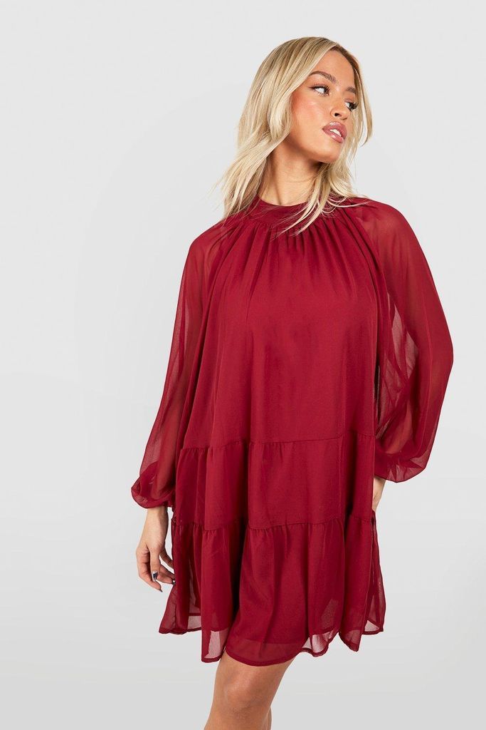 Womens Chiffon Blouson Sleeve Mini Smock Dress - Red - 8, Red